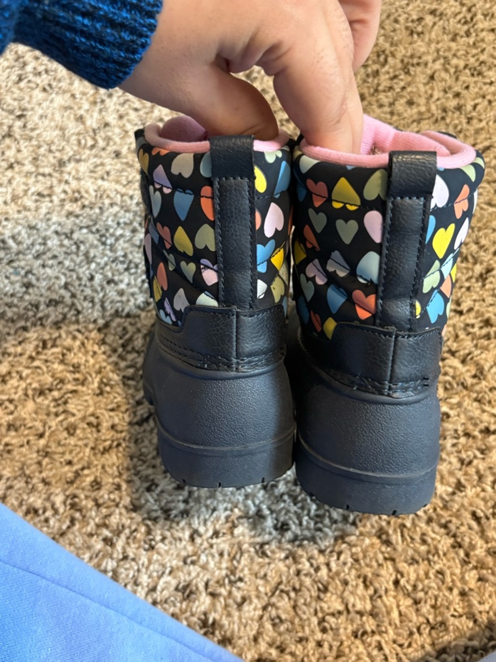 Kids Black Rain & Snow Boots with Multicolor Heart Print - Pink Lining - Picture 6 of 7